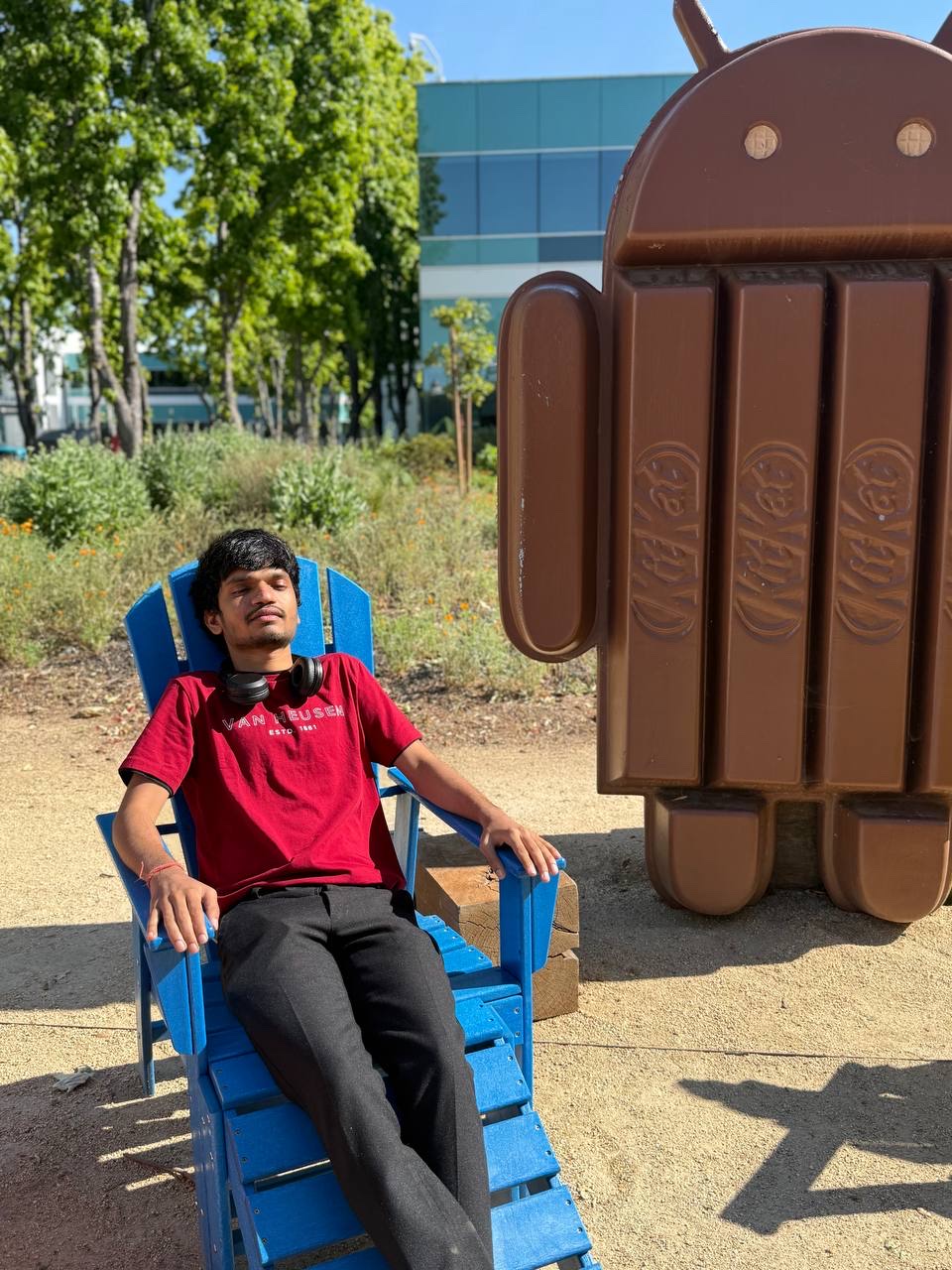 Khush Patel at the Android KitKat statue on the Google campus