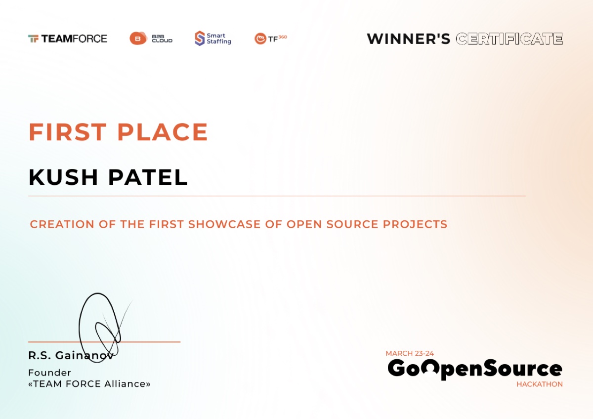 Khush Patel first place winner's certificate, GoOpenSource Hackathon 2024