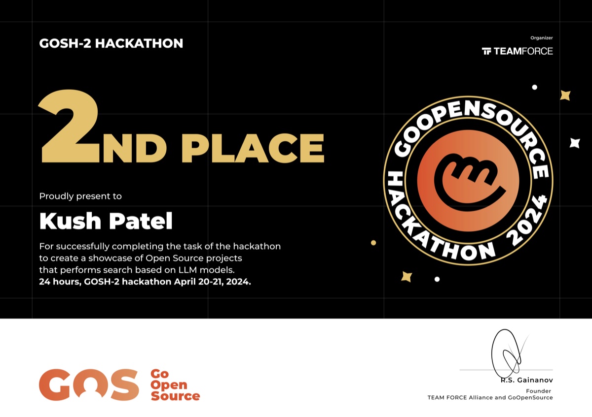 Khush Patel second place certificate, GOSH-2 Hackathon 2024