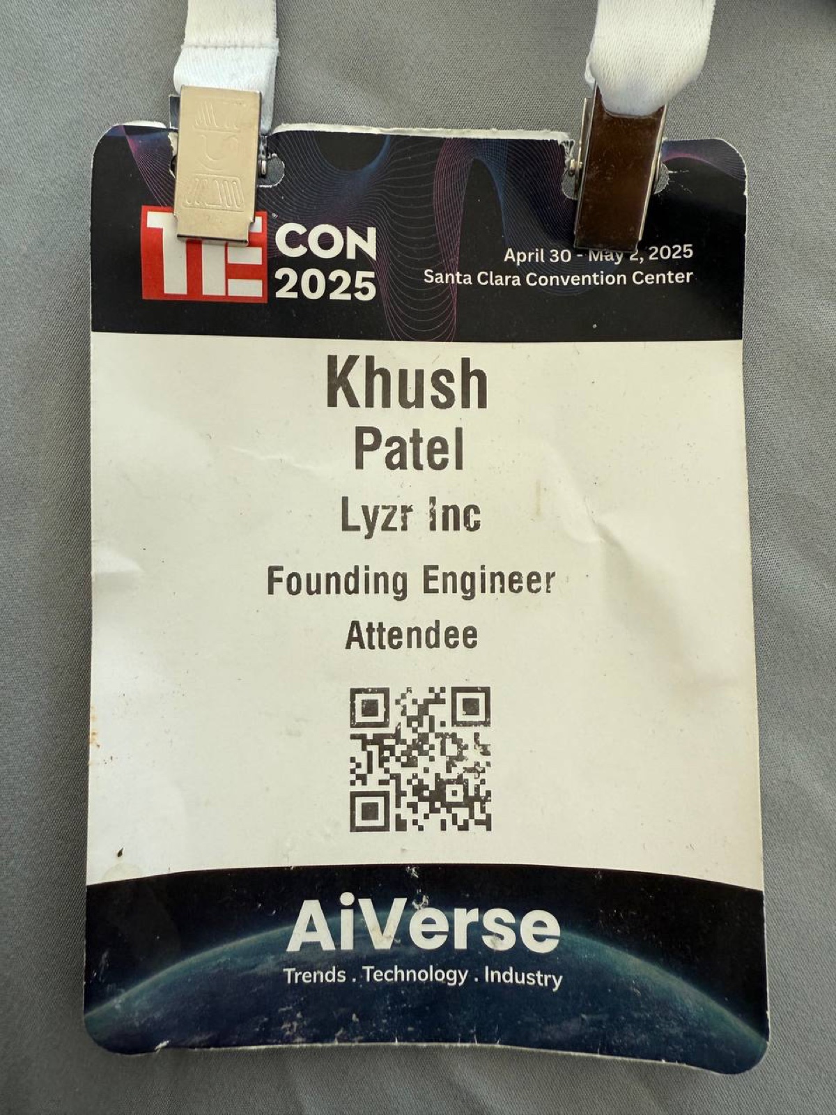 Khush Patel's TieCon 2025 conference badge, Lyzr Inc Founding Engineer